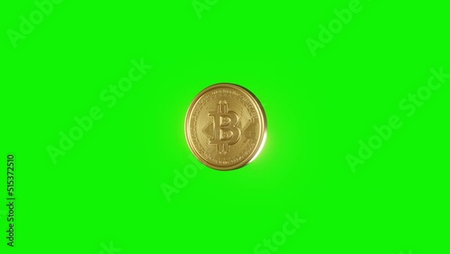 Close-up angle rotating golden bitcoin transition. Realistic seamless loop 3D render spin gold shine BTC crypto currency coin isolated on green screen background.
