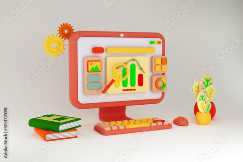 Web development, application design, coding, business review, and seo analytic on computer concept. 3d Render Illustration