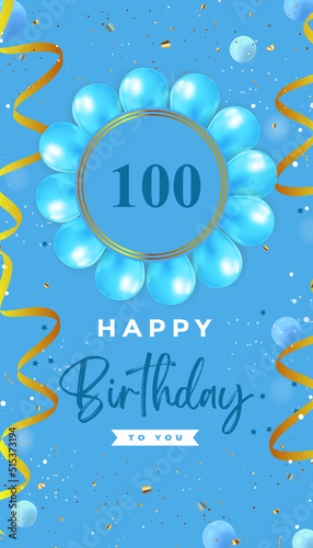 Happy 100th birthday with blue balloon and gold confetti isolated on blue background.  Premium design for birthday card, greeting card, and birthday celebrations, invitation card, flyer, brochure.