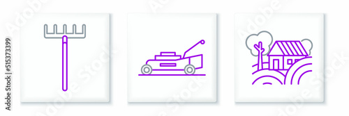 Set line Farm House concept, Garden rake and Lawn mower icon. Vector