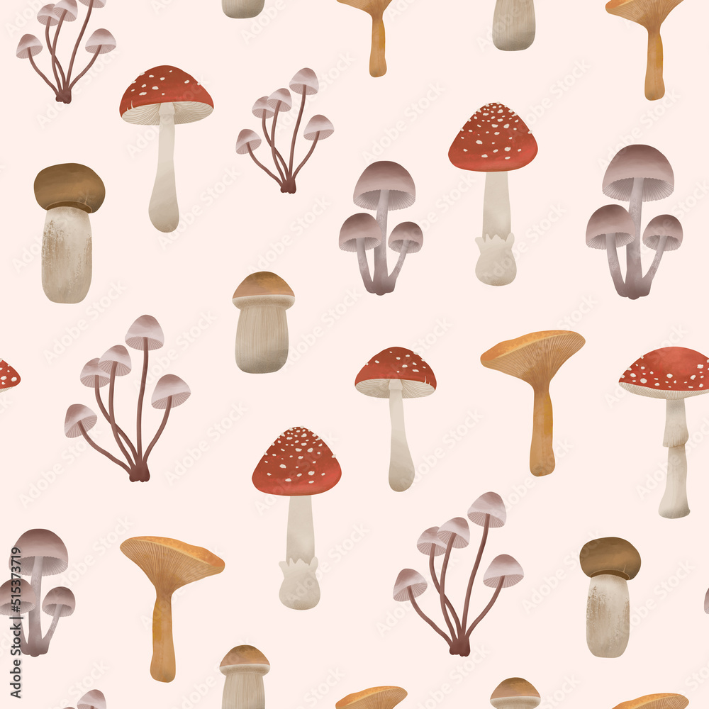 Seamless pattern with mushrooms. Hand drawn graphic print.
