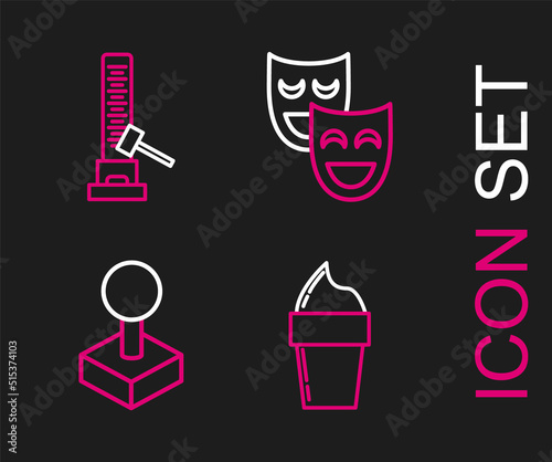 Set line Ice cream in waffle cone, Joystick for arcade machine, Comedy theatrical masks and High striker attraction with big hammer icon. Vector
