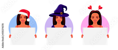 Happy girls hold white banners. Young hispanic women in holiday costumes with blank posters. Vector flat illustration of ladies showing empty placards for announcement or advertising