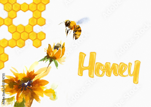 Fototapeta Naklejka Na Ścianę i Meble -  Watercolor drawing of yellow wildflowers with honeycombs and a bee. Inscription Honey. Textured background for advertising and creativity.