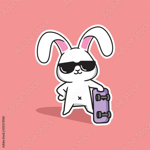 vector illustration of a cute white rabbit carrying a skateboard