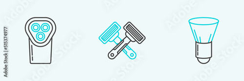Set line Shaving brush, Electrical hair clipper or shaver and Crossed shaving razor icon. Vector