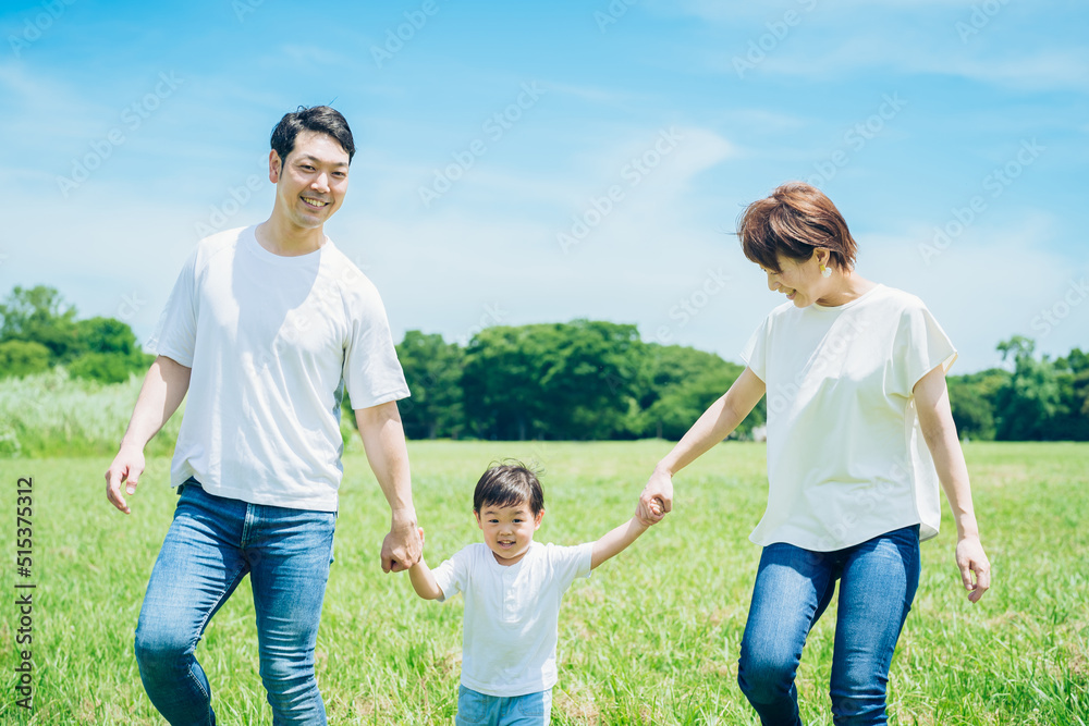 手を繋いで晴天の緑地を歩く親子3人