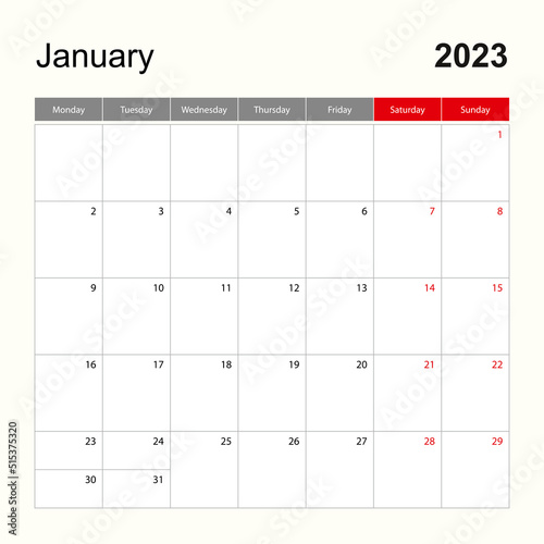 Wall calendar template for January 2023. Holiday and event planner, week starts on Monday