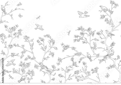 Cherry blossom branches against the sky with sparrow  finches. Seamless pattern  background. Vector illustration. Chinoiserie  traditional oriental botanical motif. In botanical style