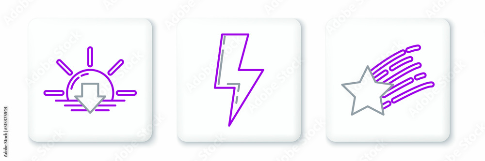 Set line Falling star, Sunset and Lightning bolt icon. Vector Set line Falling star, Sunset and Lightning bolt icon. Vector
