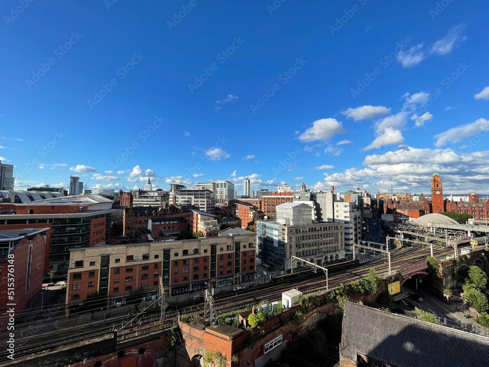 Aerial view of the city with buildings and landmarks. Cityscape Manchester England. 