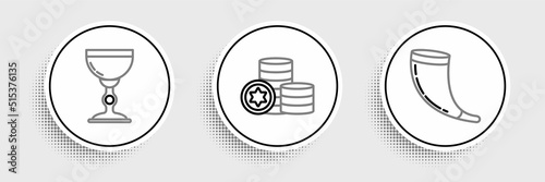 Set line Traditional ram horn, shofar, Jewish goblet and coin icon. Vector