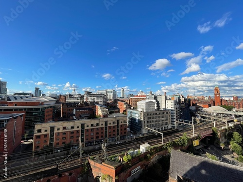 Aerial view of the city with buildings and landmarks. Cityscape Manchester England. 