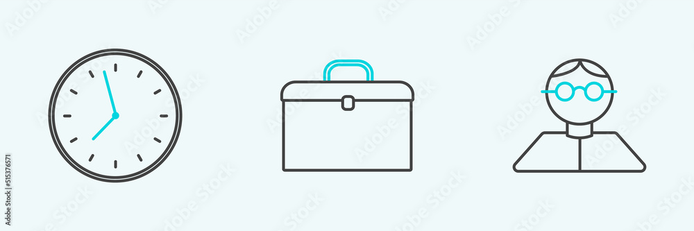 Set line Student, Clock and Briefcase icon. Vector Set line Student, Clock and Briefcase icon. Vector