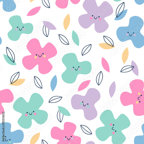Cute smiley flowers abstract seamless pattern. Childish floral background