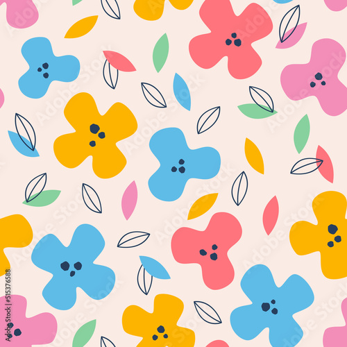 Cute flowers abstract seamless pattern. Childish floral background. Funny flowers and colorful leaves repeat. © Tanya Syrytsyna