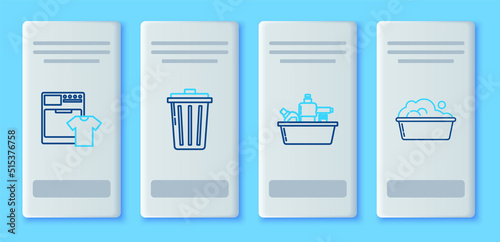 Set line Trash can, Plastic bottles for liquid dishwashing liquid, Washer and t-shirt and basin with soap suds icon. Vector