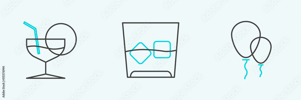 Set line Balloons with ribbon, Martini glass and Glass of whiskey and ice cubes icon. Vector