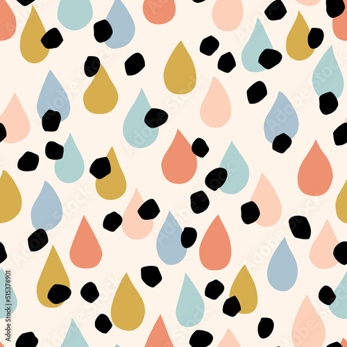 Rain drops, dots irregular seamless pattern. Cute raindrops, polka dot background in retro style, flat design
