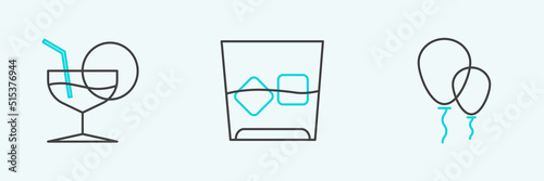Set line Balloons with ribbon, Martini glass and Glass of whiskey and ice cubes icon. Vector