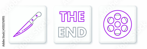 Set line Film reel, Knife and The End handwritten inscription icon. Vector