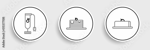 Set line Strawberry cheesecake slice, Blender and Stack of pancakes icon. Vector