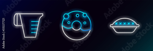Set line Homemade pie, Measuring cup and Donut with sweet glaze icon. Glowing neon. Vector