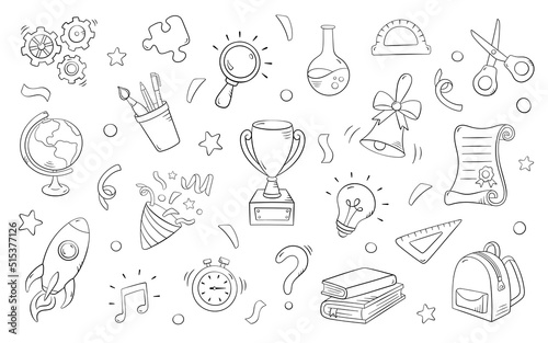 School set elements in doodle style, vector illustration. Back to school concept, isolated symbols on a white background. Icon collection, hand drawn for print and design. Online education sketch