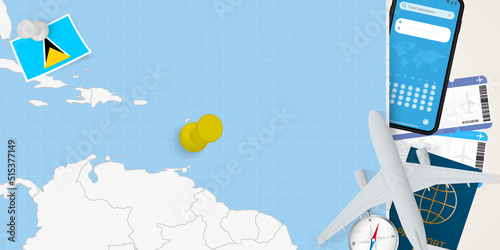 Travel to Saint Lucia concept, map with pin on map of Saint Lucia. Vacation preparation map, flag, passport and tickets.
