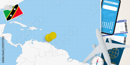 Travel to Saint Kitts and Nevis concept, map with pin on map of Saint Kitts and Nevis. Vacation preparation map, flag, passport and tickets.