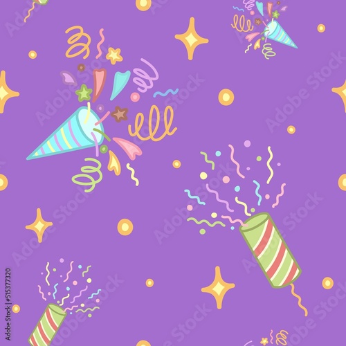 Party cracker with confetti. Celebration time. Seamless colorful pattern.
