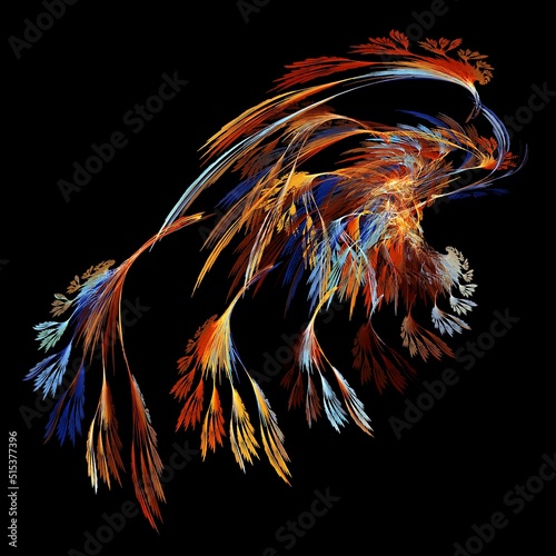 Colorful abstract feathers in dynamics on a black background. Abstract fractal background. 3d rendering. 3d illustration. © Svetlana