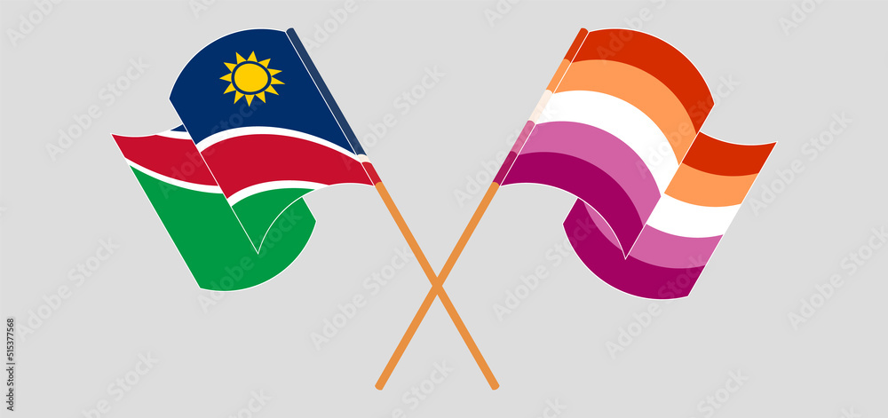 Crossed and waving flags of Namibia and Lesbian Pride