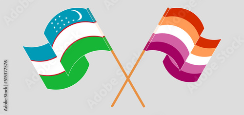 Crossed and waving flags of Uzbekistan and Lesbian Pride