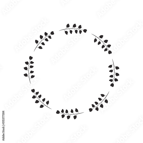 Simple round wreath with delicate twigs and small leaves like bluebell flowers. Circle of plant branches. Floral border, design element for monogram, logo, tag, decoration. Minimalistic black frame