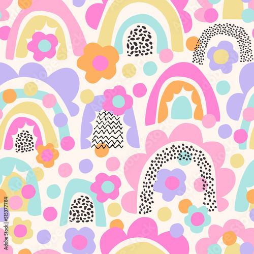 Abstract daisy flower, minimal doodle rainbows seamless pattern