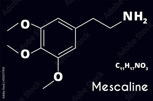 Mescaline molecule isolated on black background. Recreational drug. Vector illustration.
