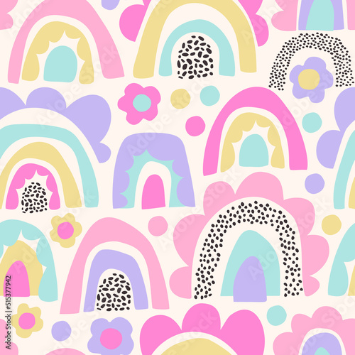 Canvastavla Abstract daisy flower, minimal doodle rainbows seamless pattern