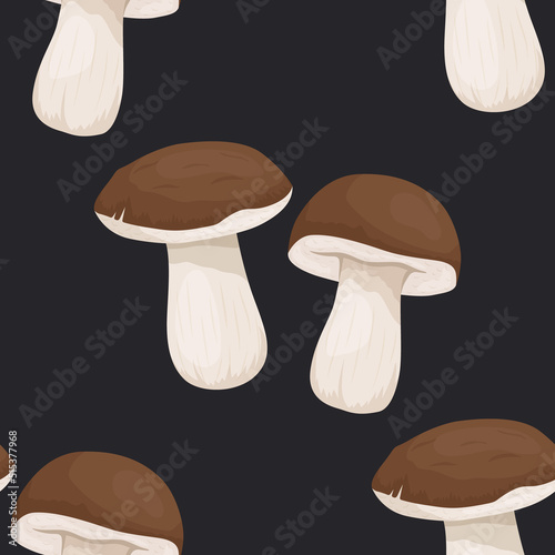 Vector Seamless Pattern with Bolete Mushroom on Black. Seamless Texture, Hand Drawn Cartoon Bolete Mushrooms. Design Template for Textile, Wallpaper, Print. Leccinum Scabrum, Penny Bun