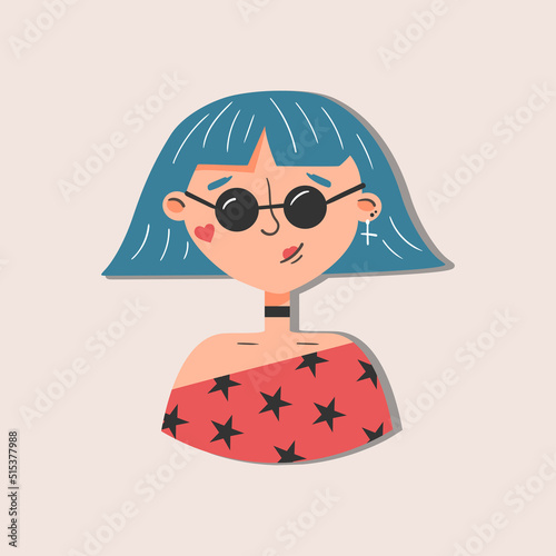 Vector portrait of a young girl with blue short hair, wearing black round glasses, wearing a red blouse with black stars. Illustration of a stylish informal girl with a bang, a serga in her ear