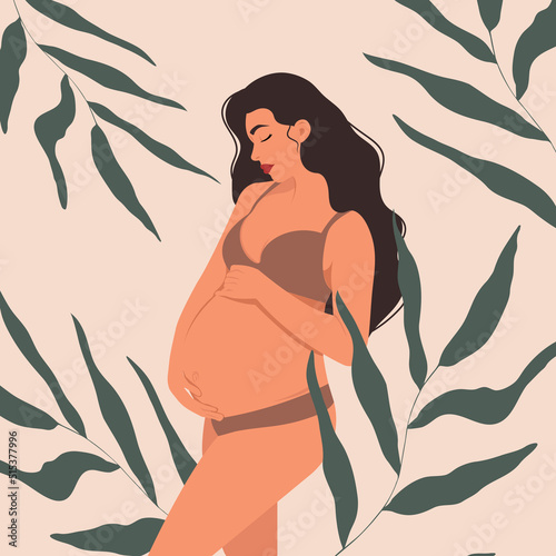 Pregnant woman, future mother, standing against a background of leaves and hugging her belly with her arms in natural on-trend pastel colours.  Flat vector illustration.