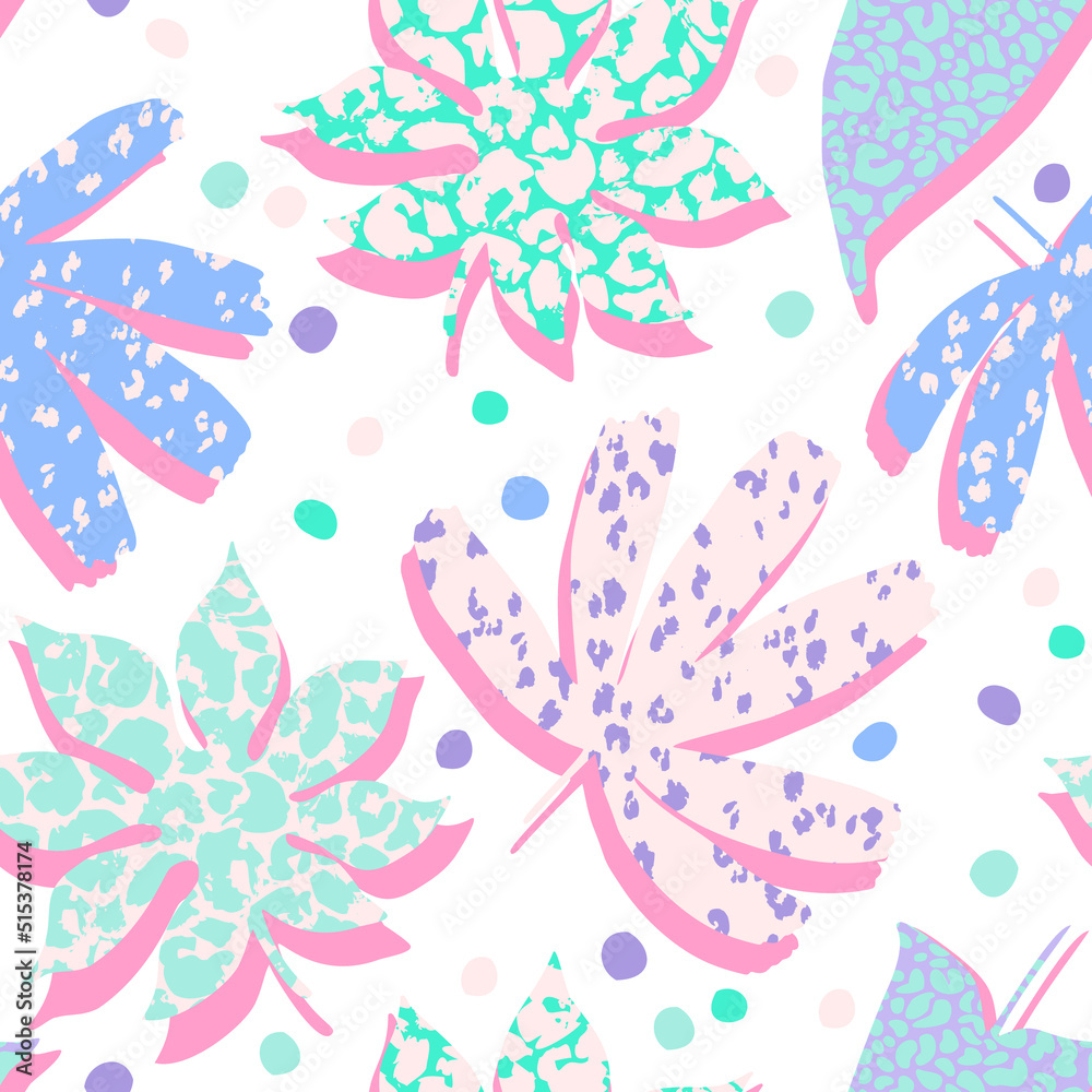 Abstract repeating tropical leaves background. Bold cartoon leaves with animal print seamless pattern Abstract repeating tropical leaves background. Bold cartoon leaves with animal print seamless pattern