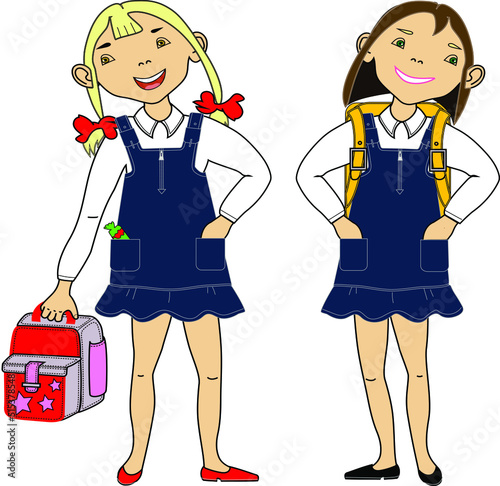 Two girls, two girlfriends go to school in the first grade.