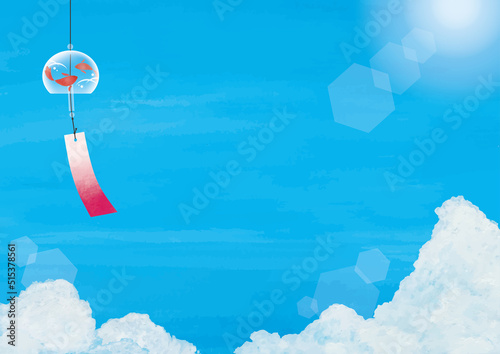 夏の空と風鈴水彩画