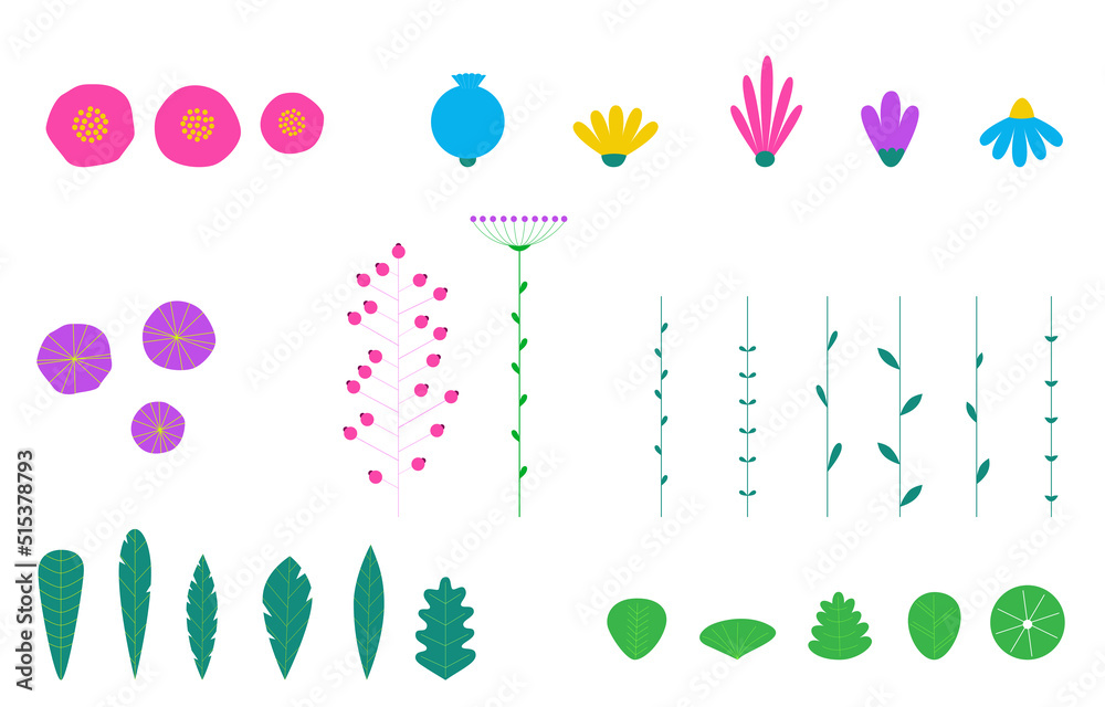 Fototapeta premium Set of flat style leaves and flowers.