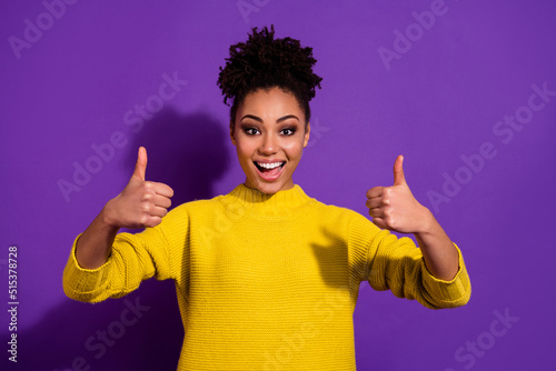 Photo of satisfied nice girl arms fingers show thumb up feedback rate isolated on violet color background