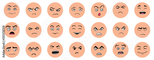 Cartoon cute and funny faces with positive and negative emotions.