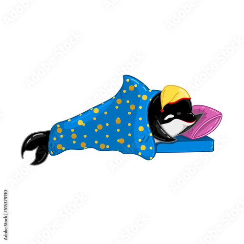 sleeping killer whale character. black baby orca in bed cartoon illustration isolated on white. lovely underwater wild sea animal. shark dolphin funny personage for stiker, poster card, mascote design