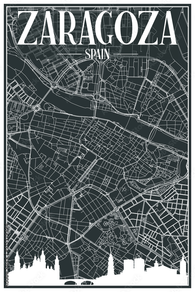 Dark printout city poster with panoramic skyline and hand-drawn streets network on dark gray background of the downtown ZARAGOZA, SPAIN
