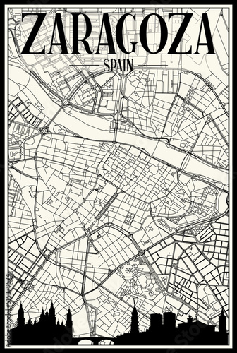 Light printout city poster with panoramic skyline and hand-drawn streets network on vintage beige background of the downtown ZARAGOZA, SPAIN
